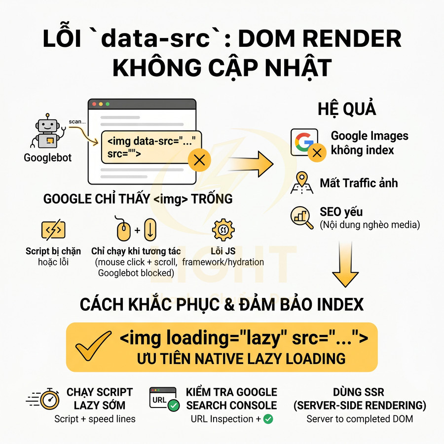 Infographic lỗi data-src khiến Googlebot không index ảnh và cách khắc phục bằng native lazy loading, SSR, kiểm tra Search Console