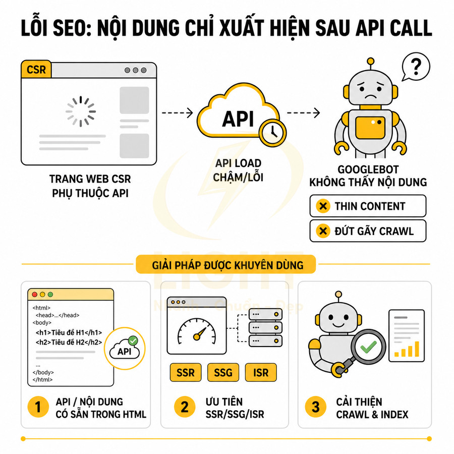 Minh họa lỗi SEO nội dung chỉ xuất hiện sau API call và giải pháp SSR SSG ISR giúp Googlebot crawl index tốt hơn