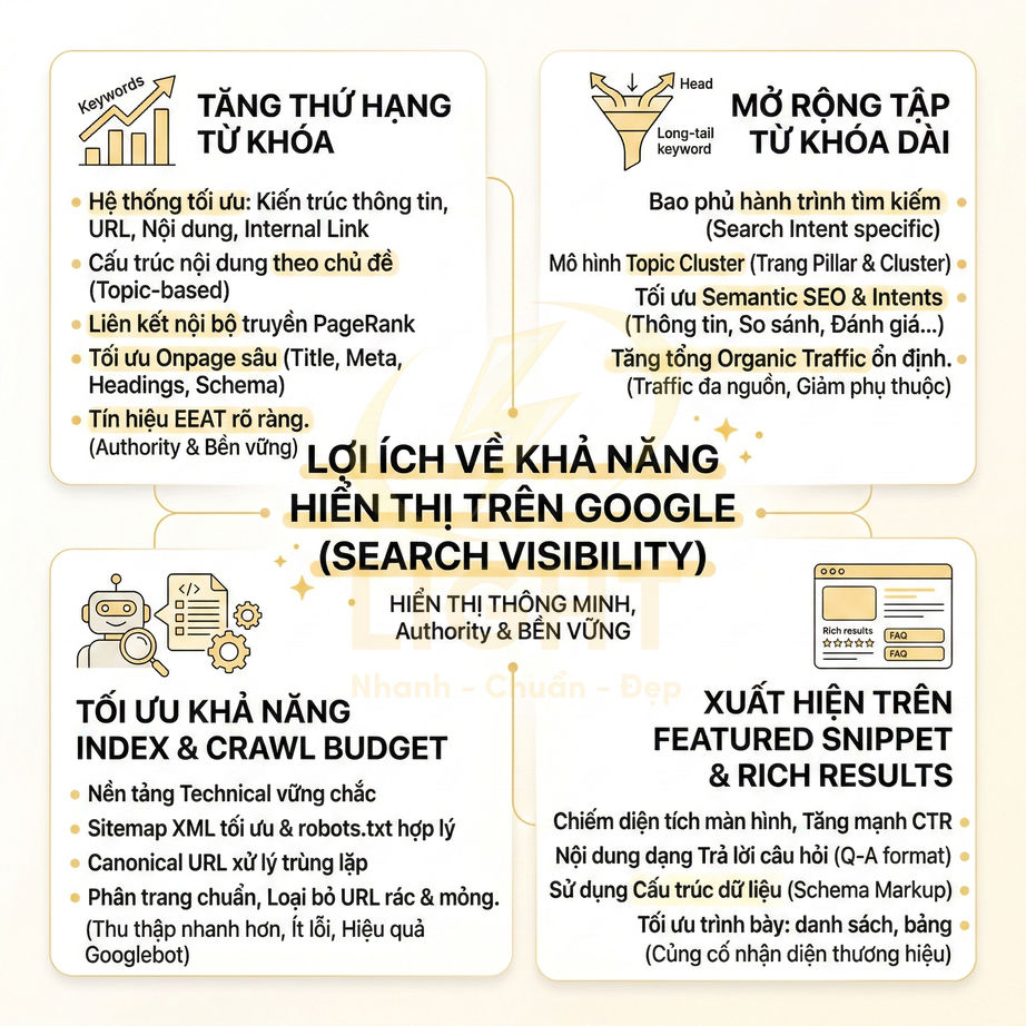 Lợi ích tối ưu SEO tăng khả năng hiển thị trên Google với từ khóa dài, featured snippet và tối ưu crawl budget
