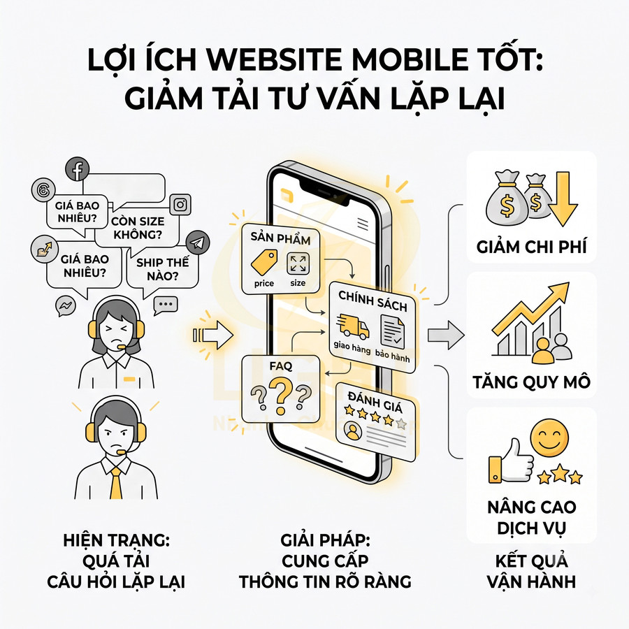 Minh họa lợi ích website mobile cung cấp thông tin sản phẩm rõ ràng giúp giảm tải tư vấn và tối ưu vận hành doanh nghiệp