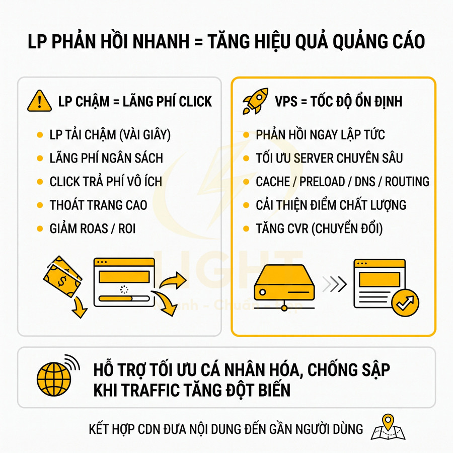 So sánh LP chậm và VPS tốc độ ổn định, nhấn mạnh tối ưu server, tăng chuyển đổi và chống sập khi traffic tăng