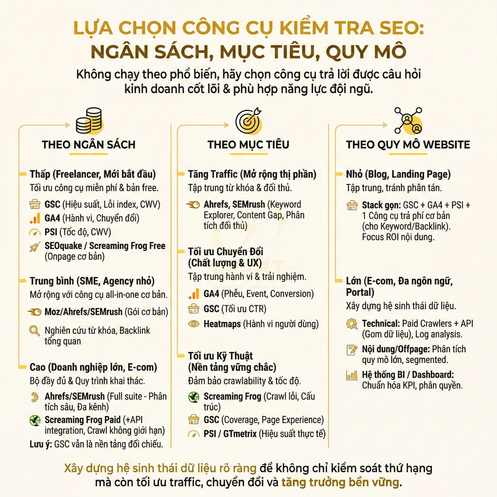 Infographic lựa chọn công cụ kiểm tra SEO theo ngân sách mục tiêu và quy mô website bằng tiếng Việt
