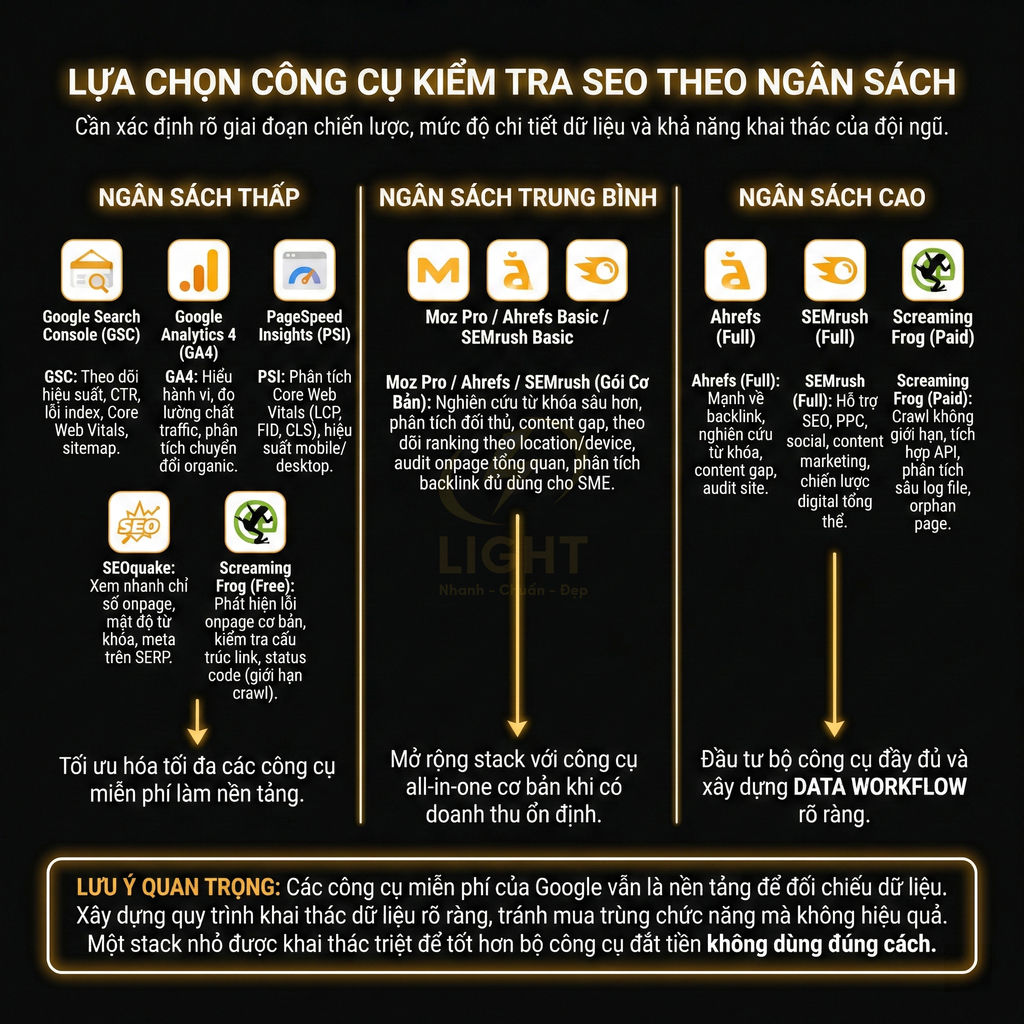 Bảng so sánh công cụ kiểm tra SEO theo ngân sách thấp trung bình cao với Google Ahrefs SEMrush Screaming Frog