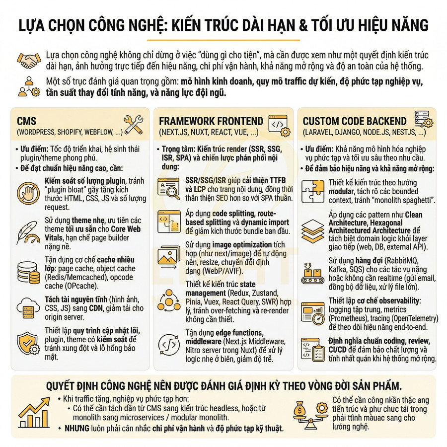 Infographic lựa chọn công nghệ web: CMS, framework frontend, custom code backend và tiêu chí đánh giá kiến trúc dài hạn