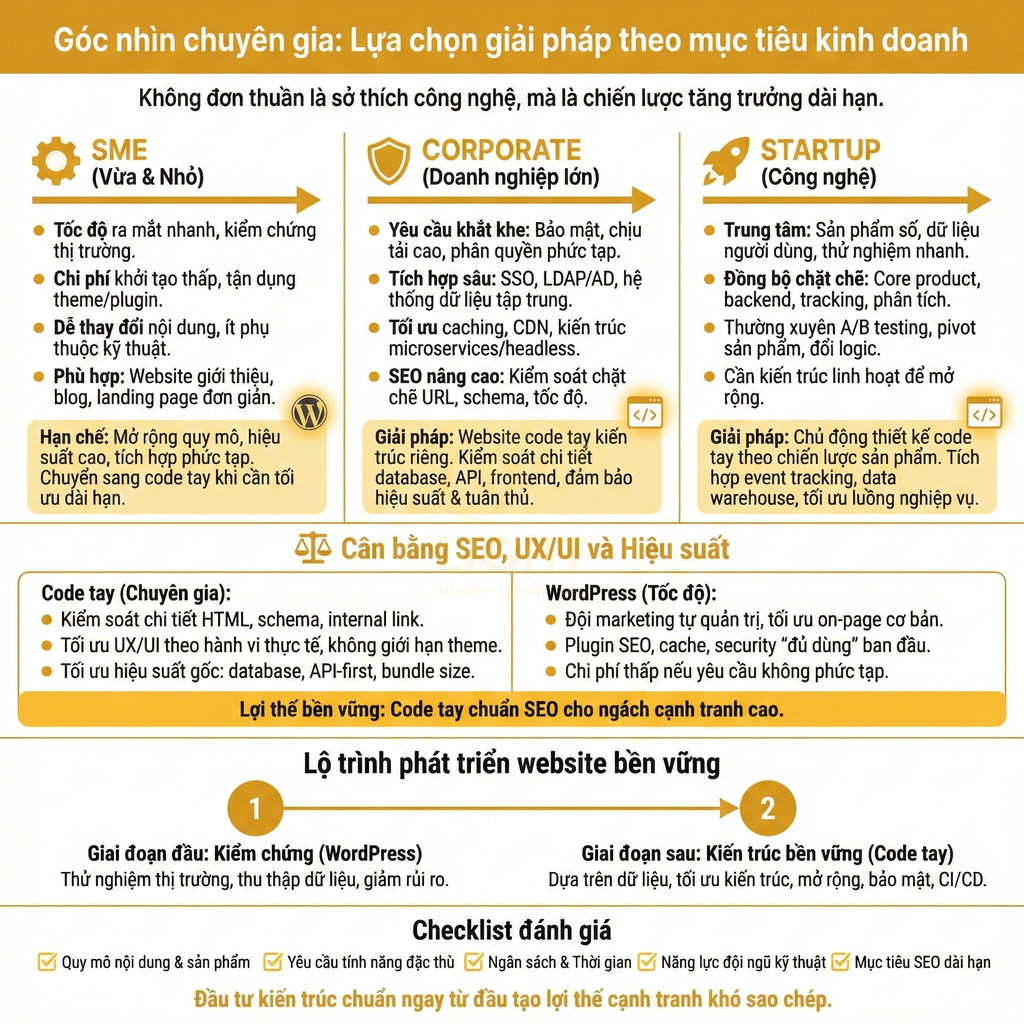 Infographic so sánh giải pháp phát triển website SME, doanh nghiệp lớn và startup, nhấn mạnh code tay chuẩn SEO, UX, hiệu suất
