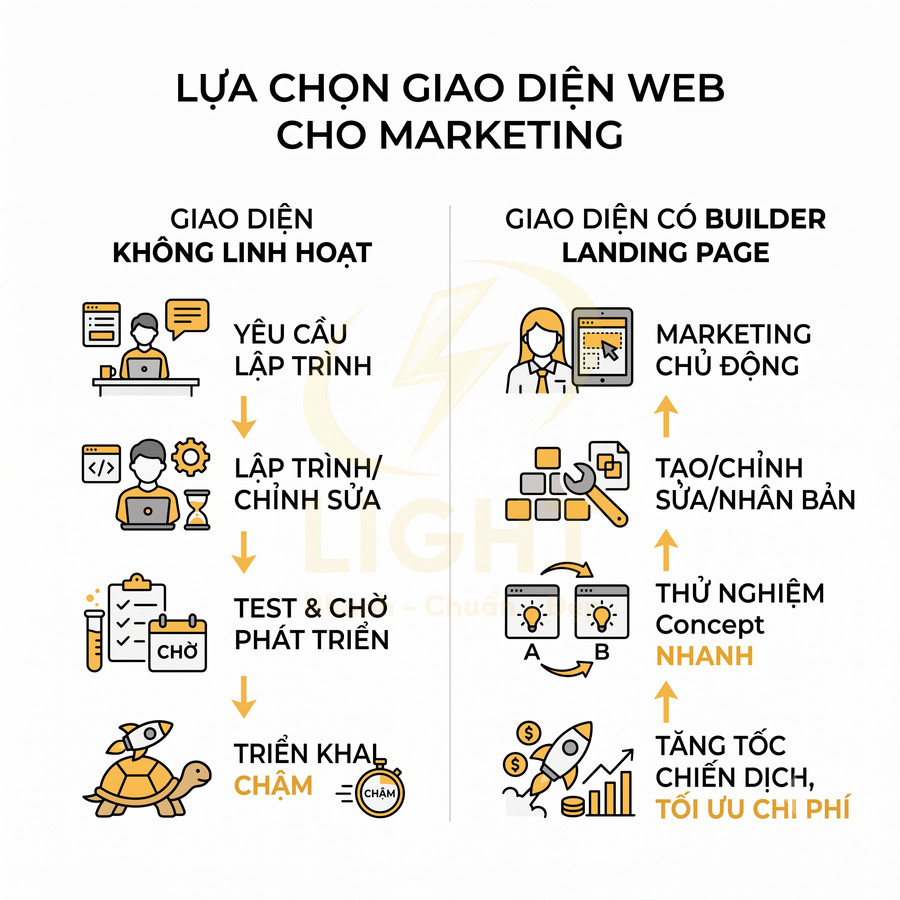 So sánh giao diện web truyền thống và giao diện có builder landing page cho marketing