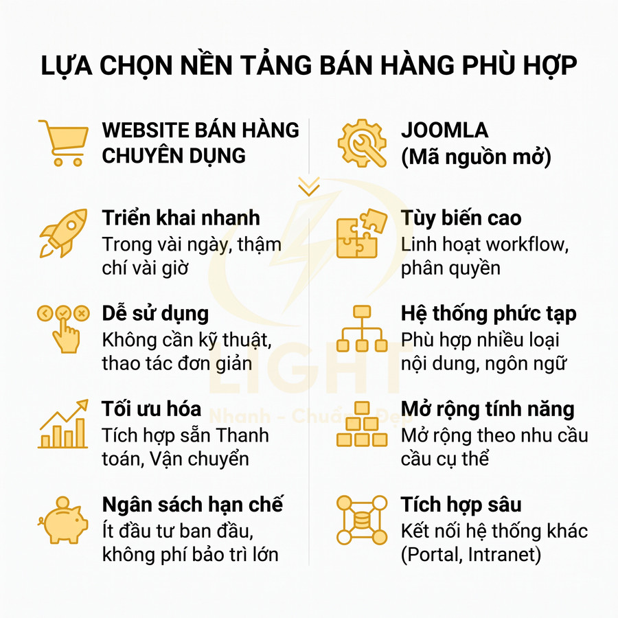 So sánh ưu nhược điểm website bán hàng chuyên dụng và Joomla mã nguồn mở cho kinh doanh online