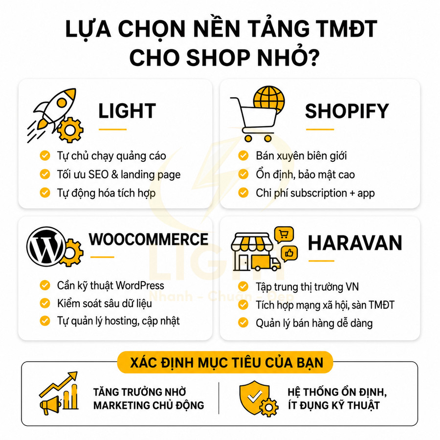 So sánh nền tảng TMĐT cho shop nhỏ gồm Light, Shopify, WooCommerce, Haravan và gợi ý xác định mục tiêu kinh doanh