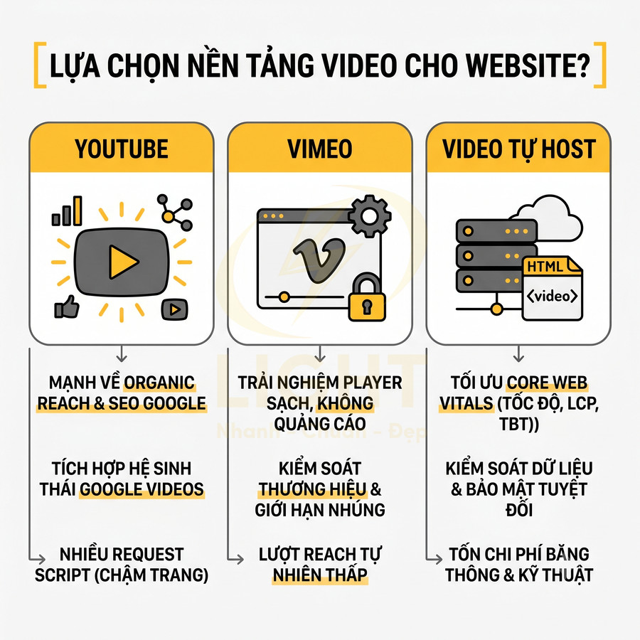 So sánh ưu nhược điểm nền tảng video cho website giữa YouTube, Vimeo và giải pháp tự host