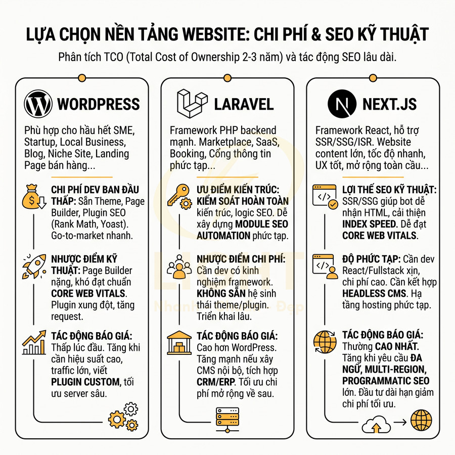 So sánh nền tảng website WordPress, Laravel và Next.js về chi phí phát triển và SEO kỹ thuật