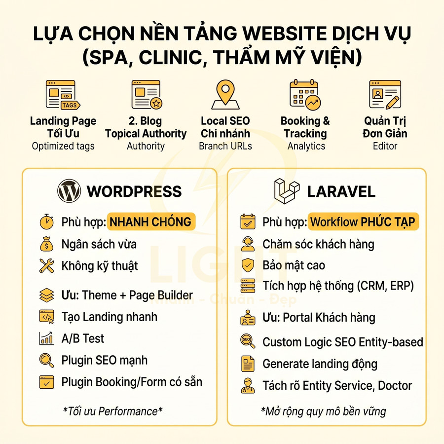 So sánh nền tảng website dịch vụ spa clinic thẩm mỹ giữa WordPress và Laravel