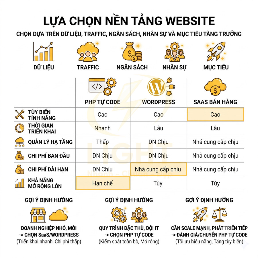 Bảng so sánh lựa chọn nền tảng website PHP tự code, WordPress và SaaS bán hàng theo chi phí và khả năng mở rộng