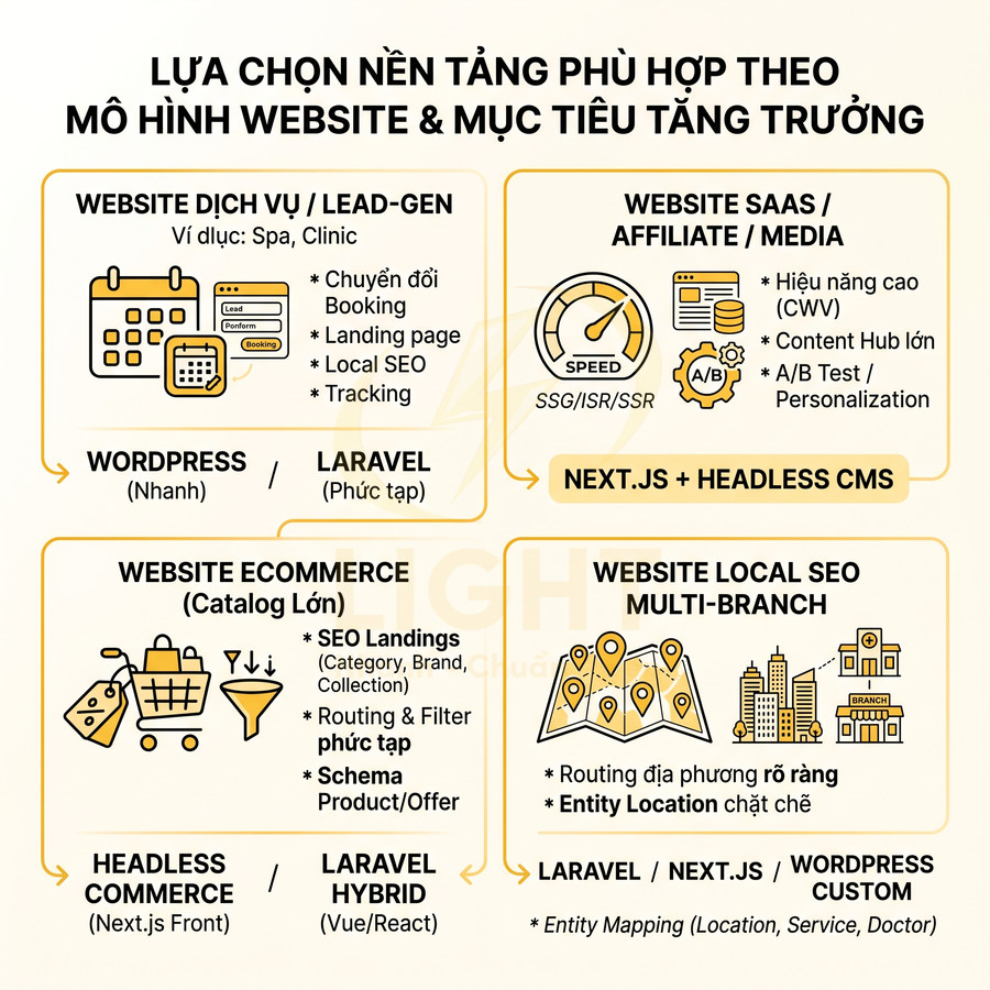 Infographic lựa chọn nền tảng xây dựng website dịch vụ, ecommerce, SaaS, local SEO với WordPress, Laravel, Next.js