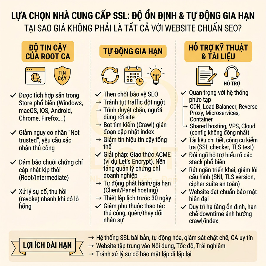 Infographic so sánh tiêu chí chọn nhà cung cấp SSL ổn định, tự động gia hạn và lợi ích dài hạn cho website chuẩn SEO