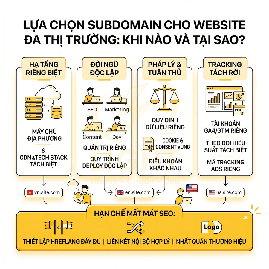 Infographic hướng dẫn lựa chọn subdomain cho website đa thị trường với hạ tầng, đội ngũ, pháp lý và tracking tách biệt