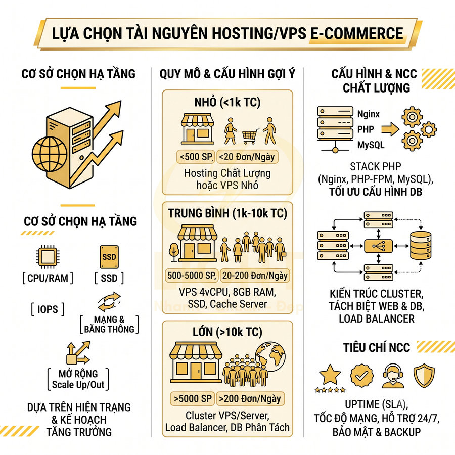 Infographic lựa chọn tài nguyên hosting VPS cho website e commerce theo quy mô sản phẩm và đơn hàng