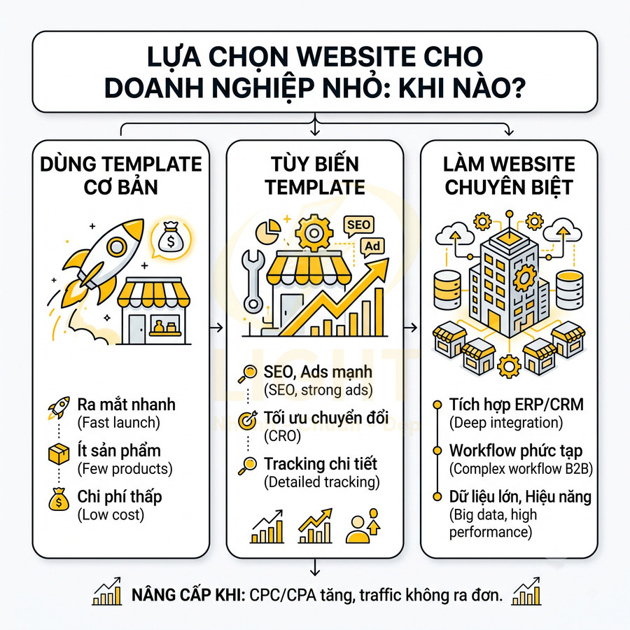 Infographic lựa chọn website cho doanh nghiệp nhỏ với 3 phương án: template cơ bản, tùy biến template và website chuyên biệt