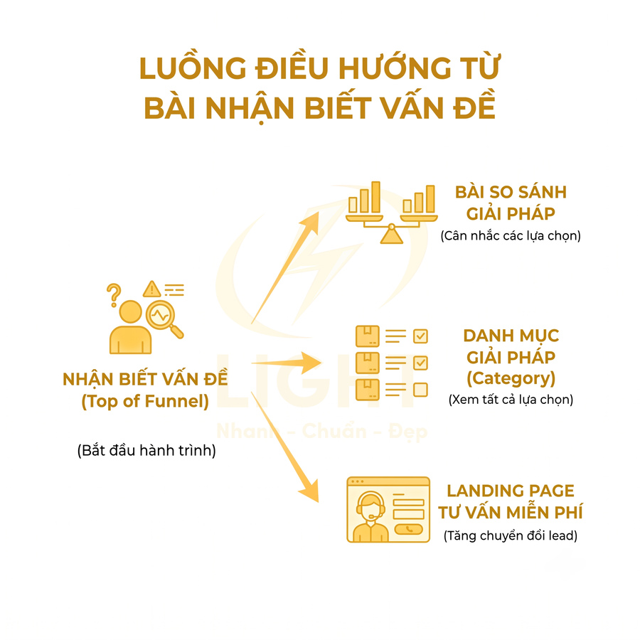 Sơ đồ luồng điều hướng từ bài nhận biết vấn đề đến bài so sánh giải pháp, danh mục giải pháp và landing page tư vấn miễn phí