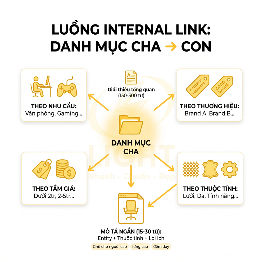Sơ đồ luồng internal link danh mục cha con với các nhóm theo nhu cầu, thương hiệu, tầm giá và thuộc tính sản phẩm