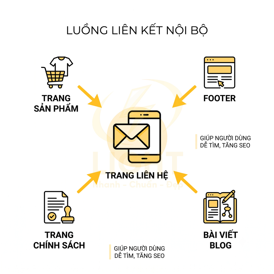 Sơ đồ luồng liên kết nội bộ từ trang sản phẩm, blog, footer, chính sách trỏ về trang liên hệ giúp tăng SEO