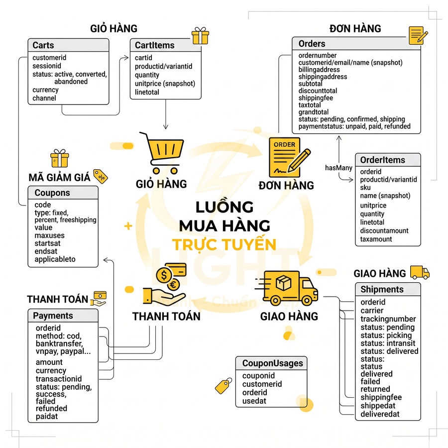Sơ đồ luồng mua hàng trực tuyến với các bước giỏ hàng, mã giảm giá, thanh toán, đơn hàng và giao hàng