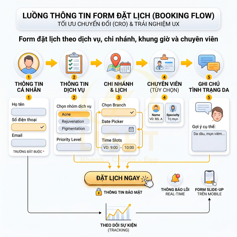 Luồng thông tin form đặt lịch dịch vụ spa với các bước nhập dữ liệu và nút đặt lịch ngay