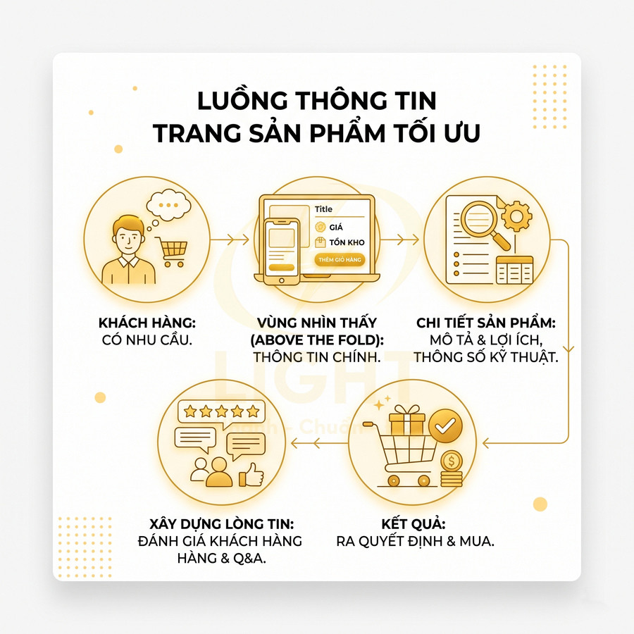 Infographic luồng thông tin tối ưu trên trang sản phẩm từ nhu cầu khách hàng đến đánh giá và quyết định mua hàng