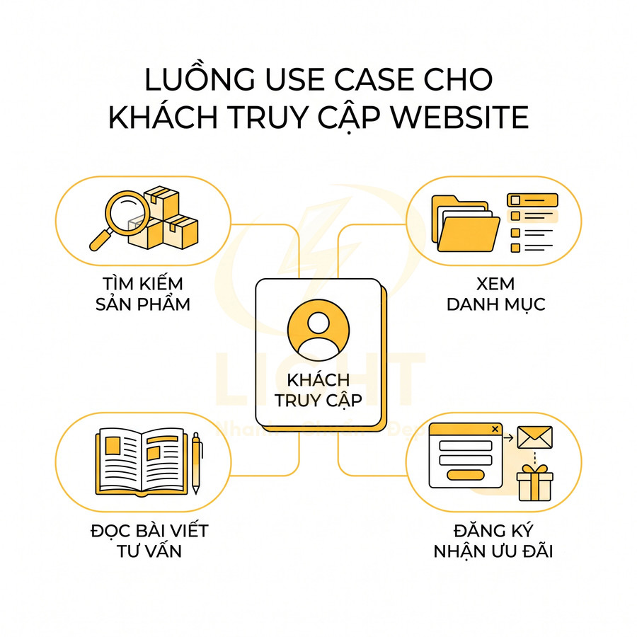 Sơ đồ luồng use case khách truy cập website với các bước tìm kiếm sản phẩm, xem danh mục, đọc tư vấn, đăng ký ưu đãi