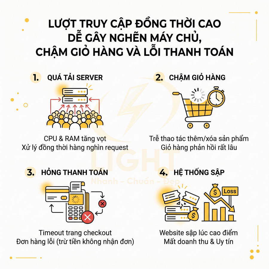 Infographic mô tả 4 hậu quả khi lượt truy cập website tăng cao: quá tải server, chậm giỏ hàng, hỏng thanh toán, hệ thống sập