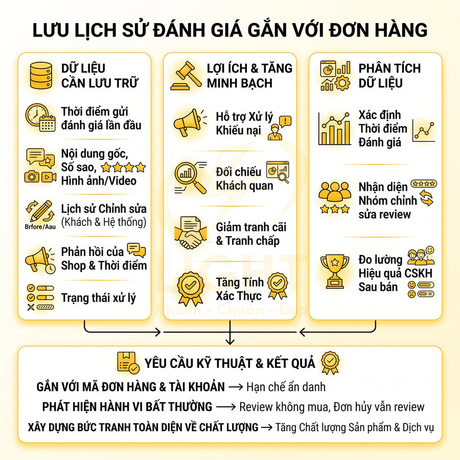 Infographic quy trình lưu lịch sử đánh giá gắn với đơn hàng và lợi ích phân tích dữ liệu review khách hàng