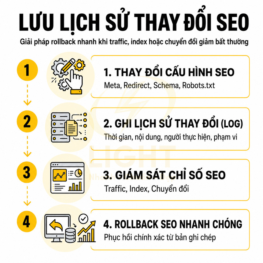 Infographic quy trình lưu lịch sử thay đổi SEO với 4 bước tối ưu và rollback nhanh khi traffic giảm