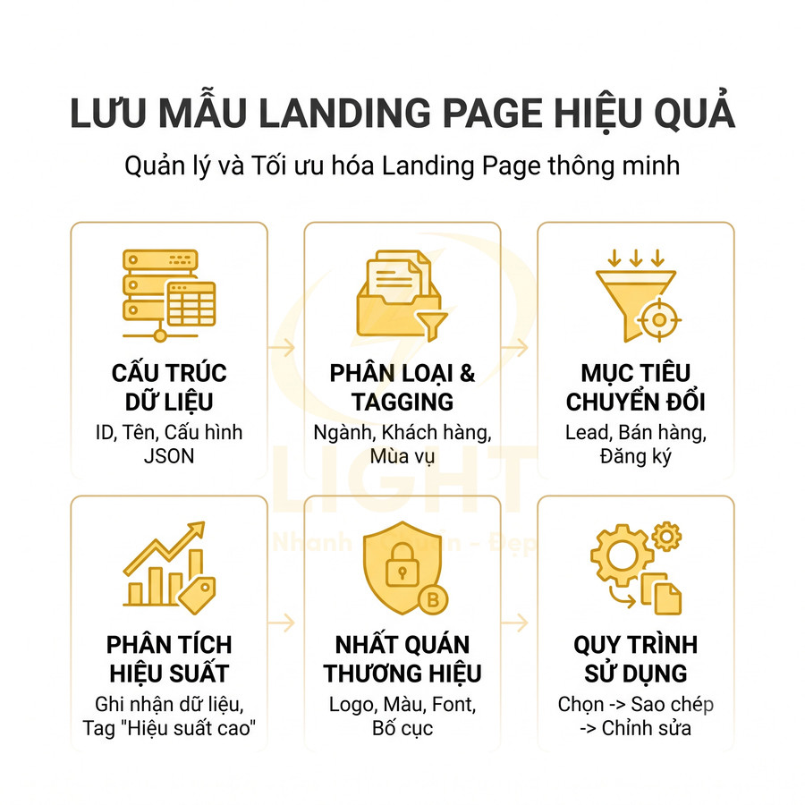 Hướng dẫn lưu mẫu landing page hiệu quả với cấu trúc dữ liệu, phân loại, mục tiêu chuyển đổi và quy trình sử dụng