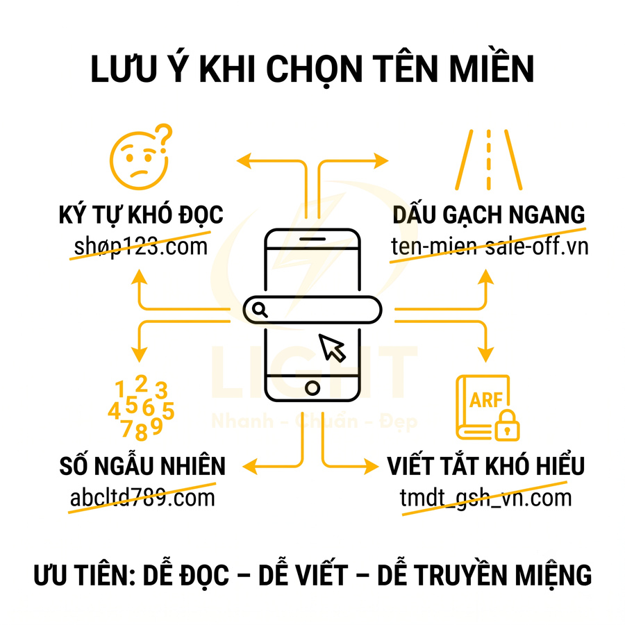 Lưu ý khi chọn tên miền, tránh ký tự khó đọc, số ngẫu nhiên, dấu gạch ngang và viết tắt khó hiểu