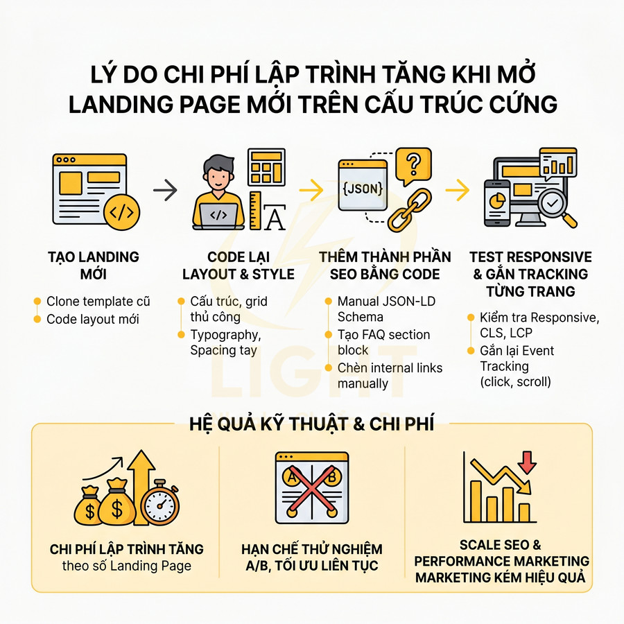 Infographic quy trình tạo landing page mới, code lại layout, thêm SEO, test responsive và hệ quả chi phí, hiệu suất marketing