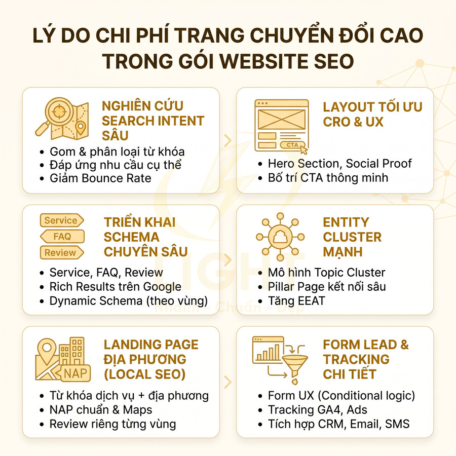 Lý do chi phí trang chuyển đổi cao trong gói website SEO với các hạng mục tối ưu CRO UX schema local SEO tracking