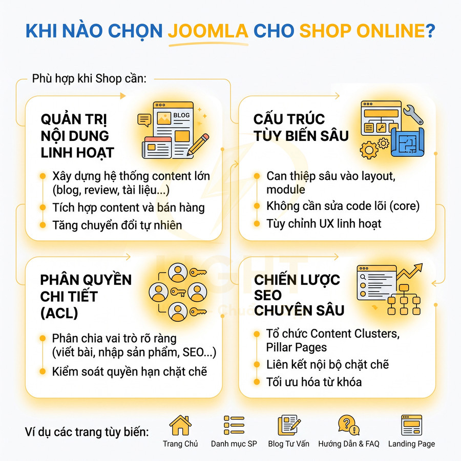 Infographic lý do chọn Joomla cho shop online với các ưu điểm quản trị nội dung, phân quyền, tùy biến cấu trúc và SEO