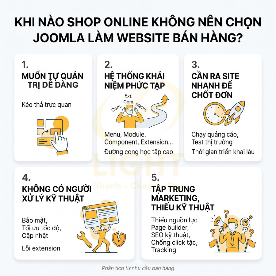 Infographic lý do shop online không nên chọn Joomla làm website bán hàng, nêu khó quản trị và yêu cầu kỹ thuật cao