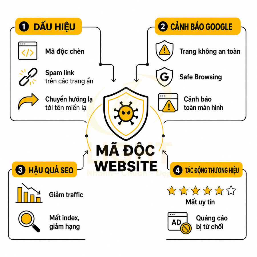 Infographic cảnh báo mã độc website với dấu hiệu, cảnh báo Google, hậu quả SEO và tác động đến uy tín thương hiệu