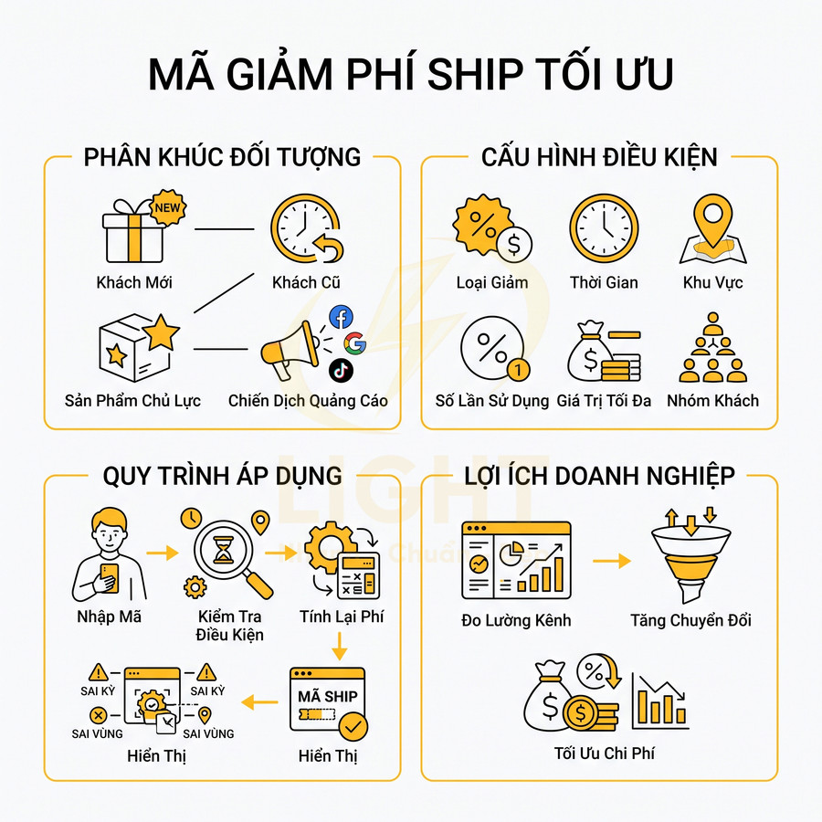 Infographic hướng dẫn tối ưu mã giảm phí ship với phân khúc khách hàng, điều kiện áp dụng và lợi ích cho doanh nghiệp