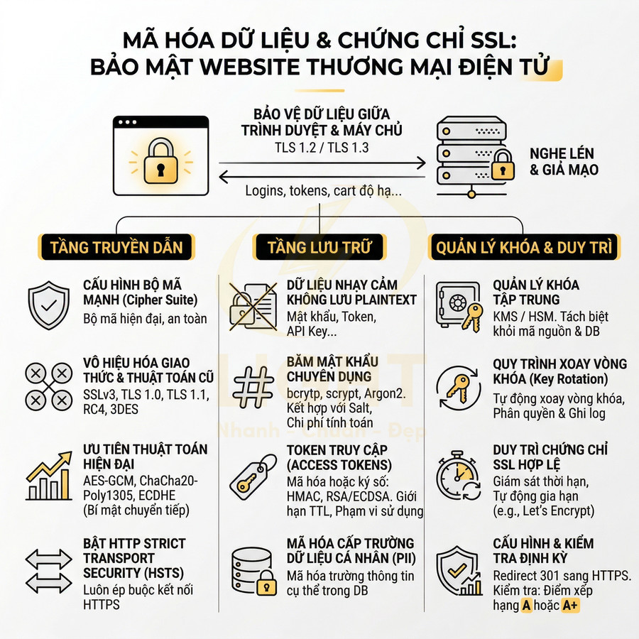 Infographic về mã hóa dữ liệu và chứng chỉ SSL bảo mật website thương mại điện tử, tăng truyền dẫn, lưu trữ và quản lý khóa