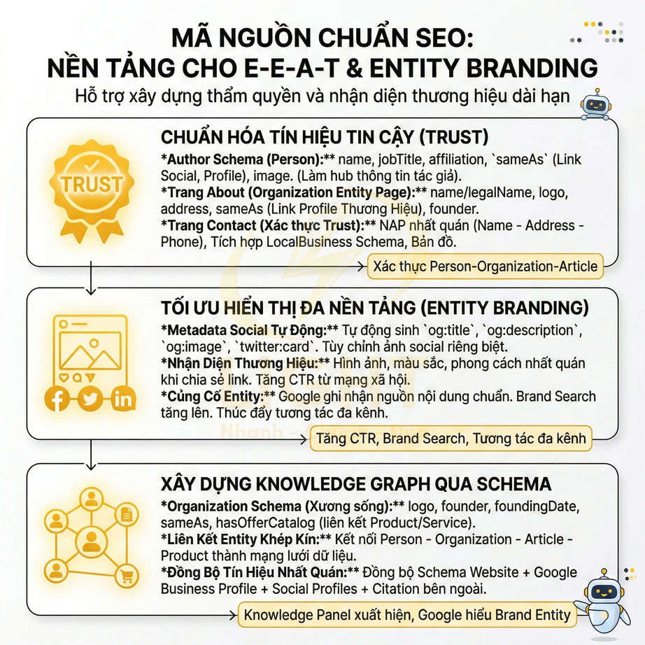 Mã nguồn chuẩn SEO cho E-E-A-T và Entity Branding, hướng dẫn chuẩn hóa schema, tối ưu hiển thị và xây dựng Knowledge Graph