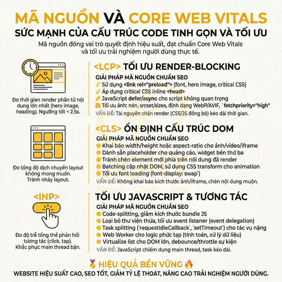 Hướng dẫn tối ưu mã nguồn chuẩn SEO theo Core Web Vitals LCP CLS INP để cải thiện hiệu suất website