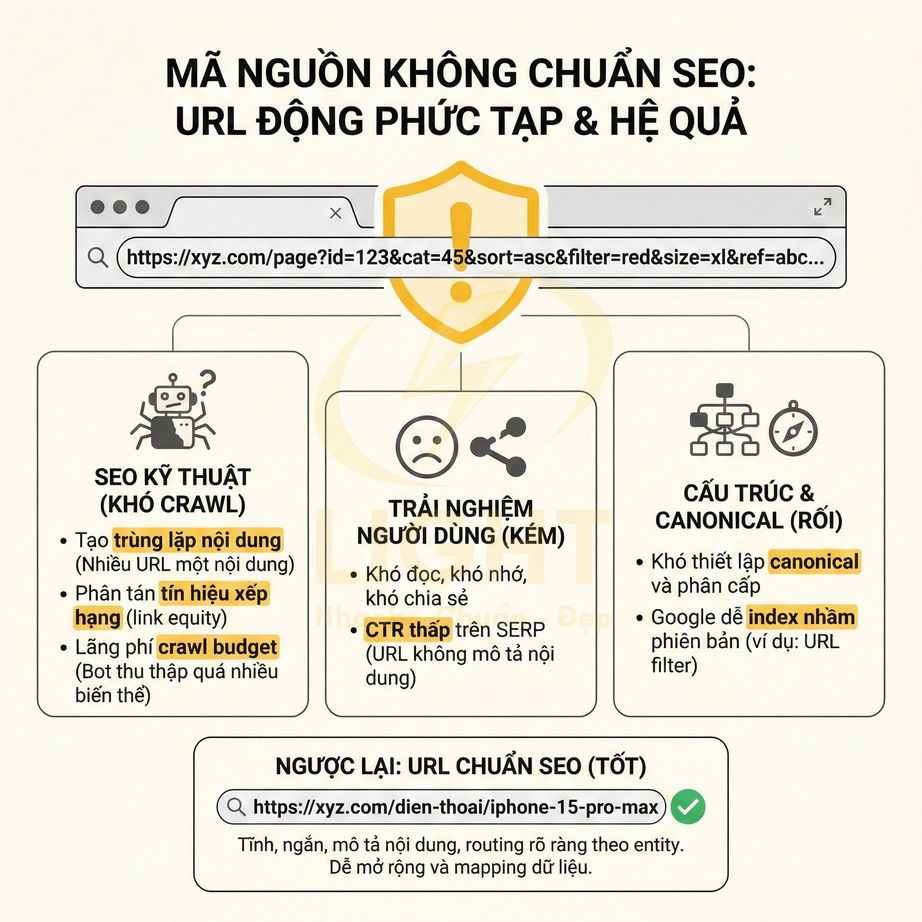 Minh họa so sánh URL động phức tạp gây hại SEO với URL chuẩn SEO dễ đọc và thân thiện người dùng