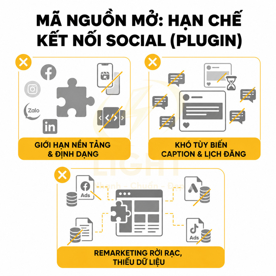 Infographic hạn chế của plugin mã nguồn mở khi kết nối mạng xã hội, giới hạn nền tảng, khó tùy biến và remarketing rời rạc