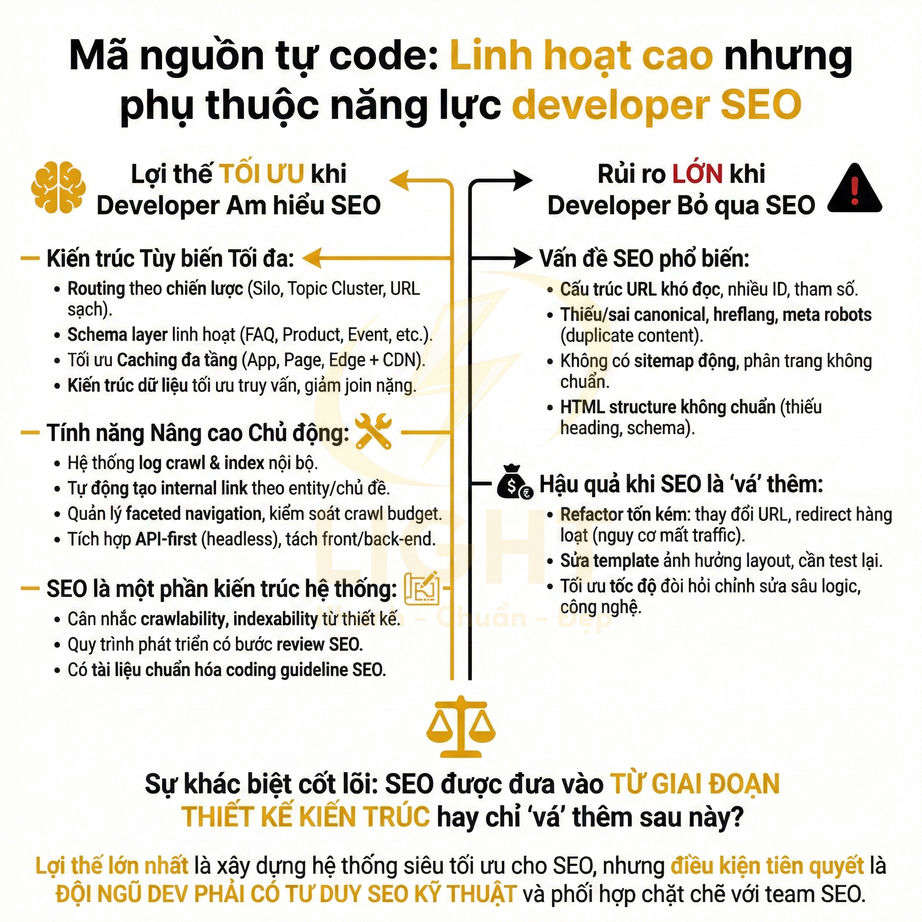 Infographic so sánh lợi ích và rủi ro SEO khi dùng mã nguồn tự code phụ thuộc năng lực developer SEO