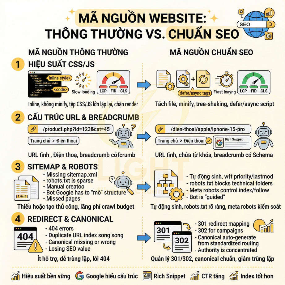 Infographic so sánh mã nguồn website thông thường và mã nguồn chuẩn SEO về CSS JS URL sitemap redirect