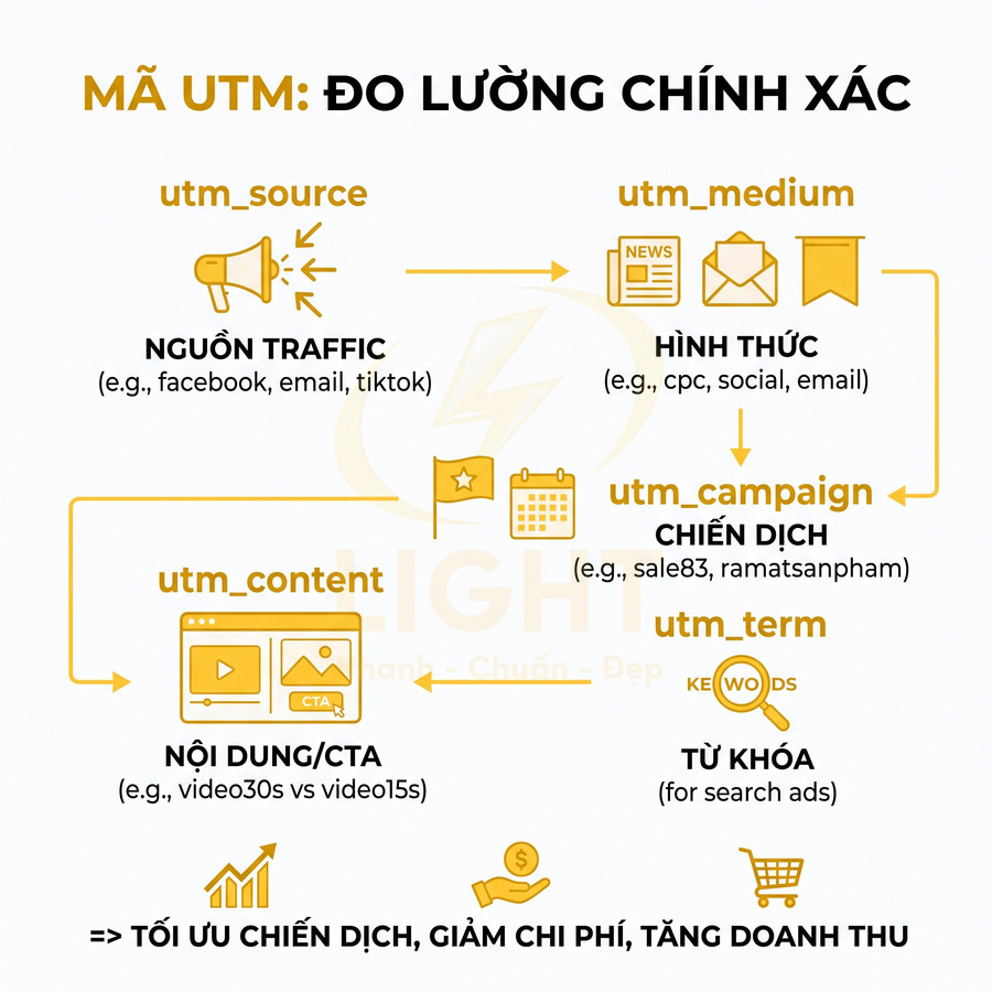 Sơ đồ các tham số UTM source medium campaign content term giúp đo lường và tối ưu chiến dịch marketing online