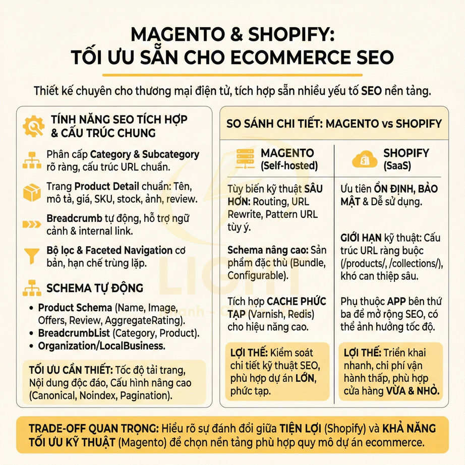 Infographic so sánh tính năng SEO cho ecommerce giữa nền tảng Magento và Shopify bằng tiếng Việt