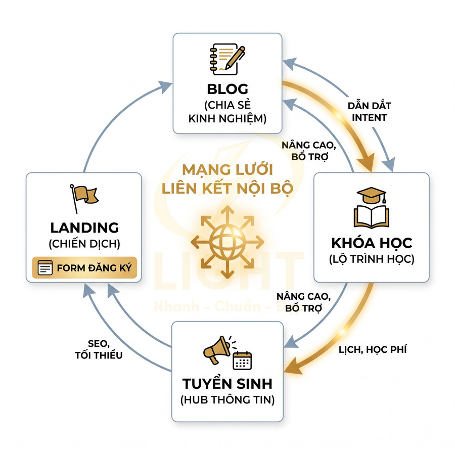 Sơ đồ mạng lưới liên kết nội bộ giữa blog, landing, tuyển sinh và khóa học trong chiến dịch marketing