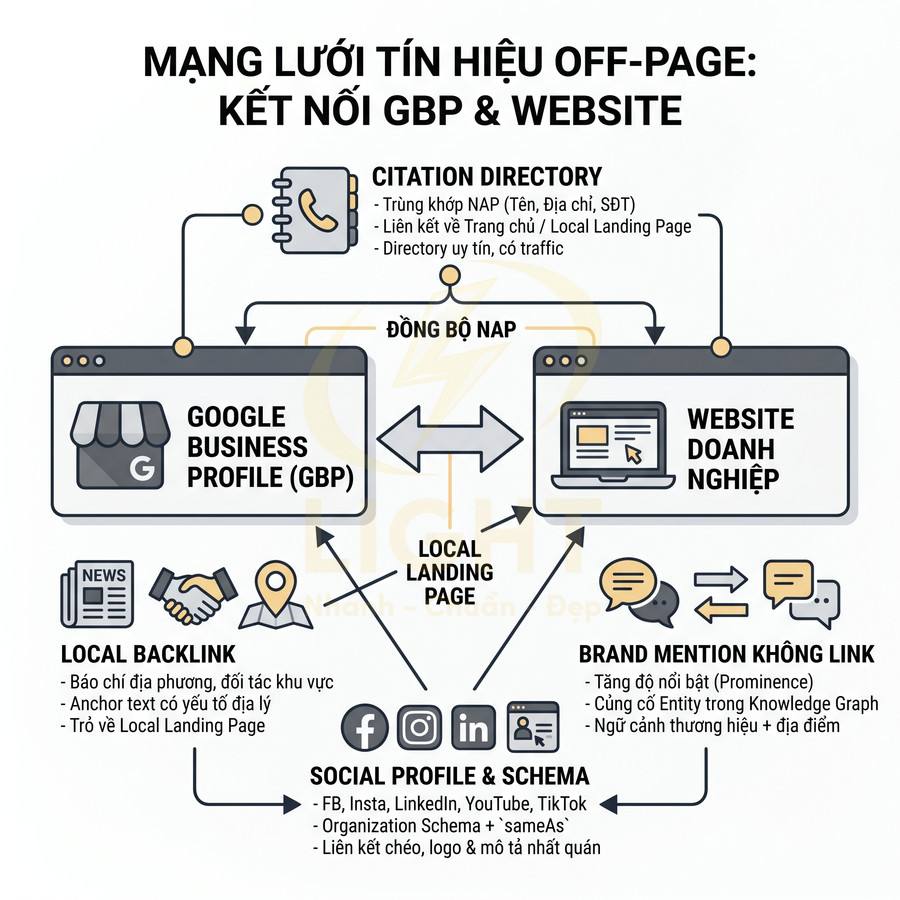 Sơ đồ mạng lưới tín hiệu offpage kết nối Google Business Profile với website doanh nghiệp và các kênh social